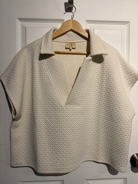 Cream Textured Polo-Sleeve Knit Top - Women